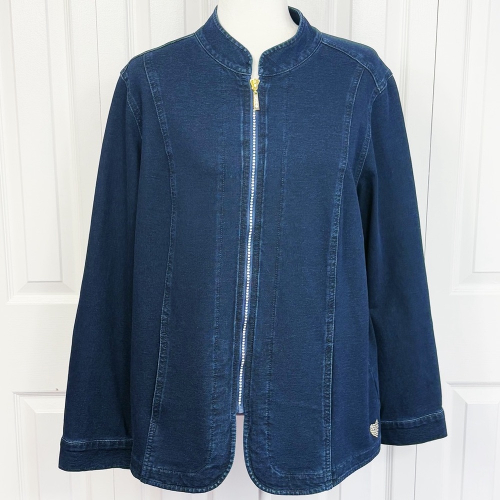 Dream Jeannes by Quacker Factory Denim Stretch Knit Zip Jean Jacket Large
